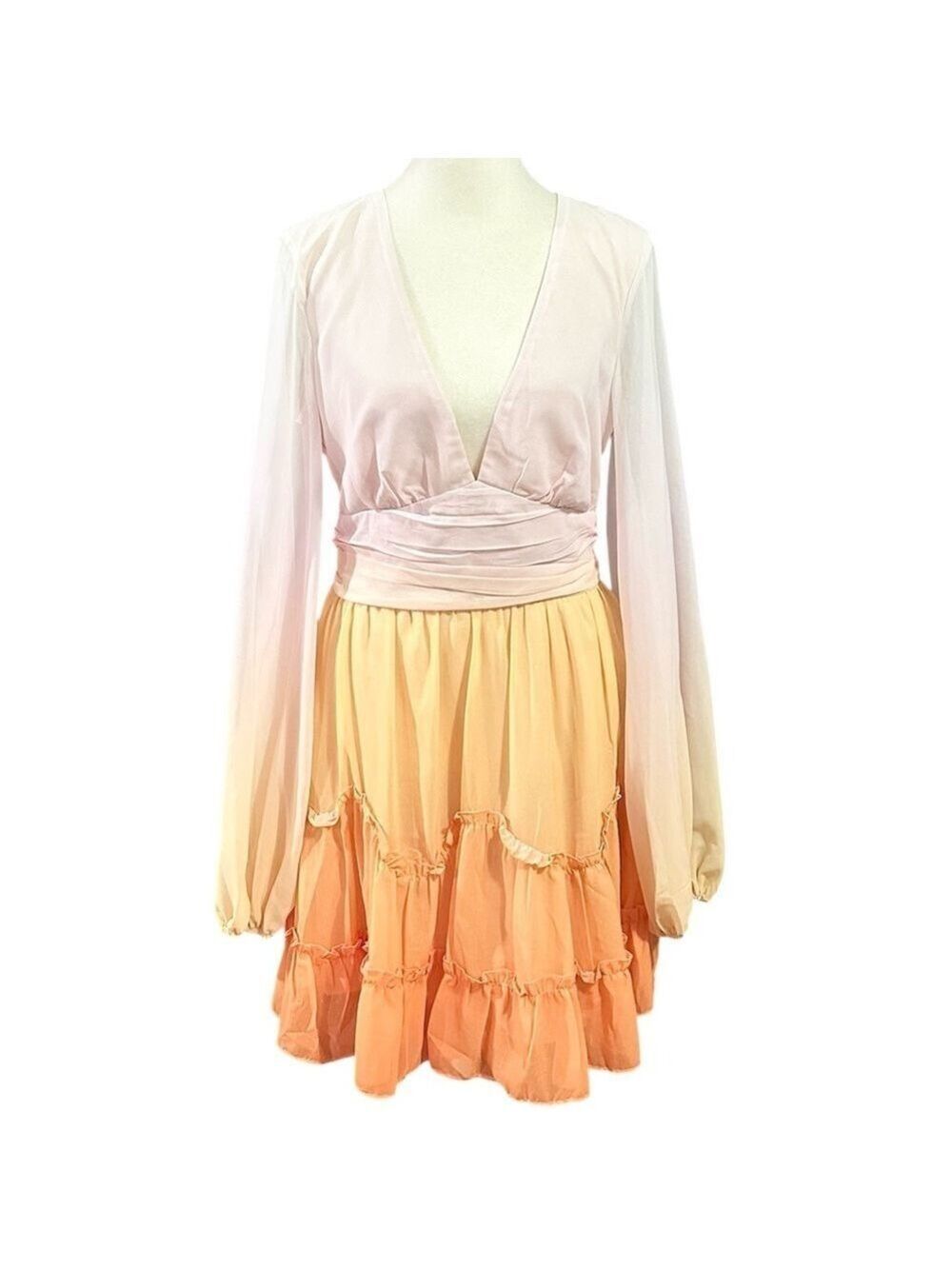 Petal + Pup Ombre Ruffle Tiered Long Sleeve Deep V-Neck Dress Orange Size Medium